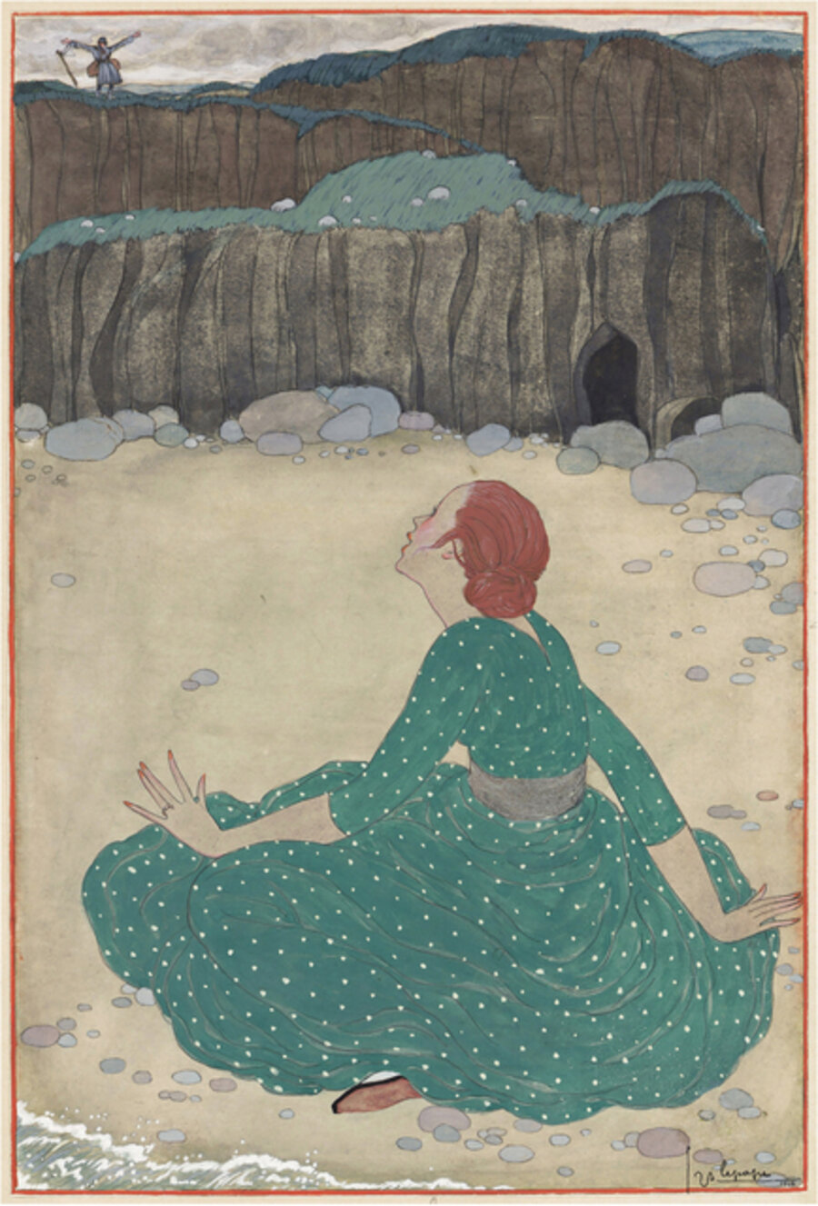 Art Nouveau Woman on Beach in Green Dress Romantic Story "Le Retour"