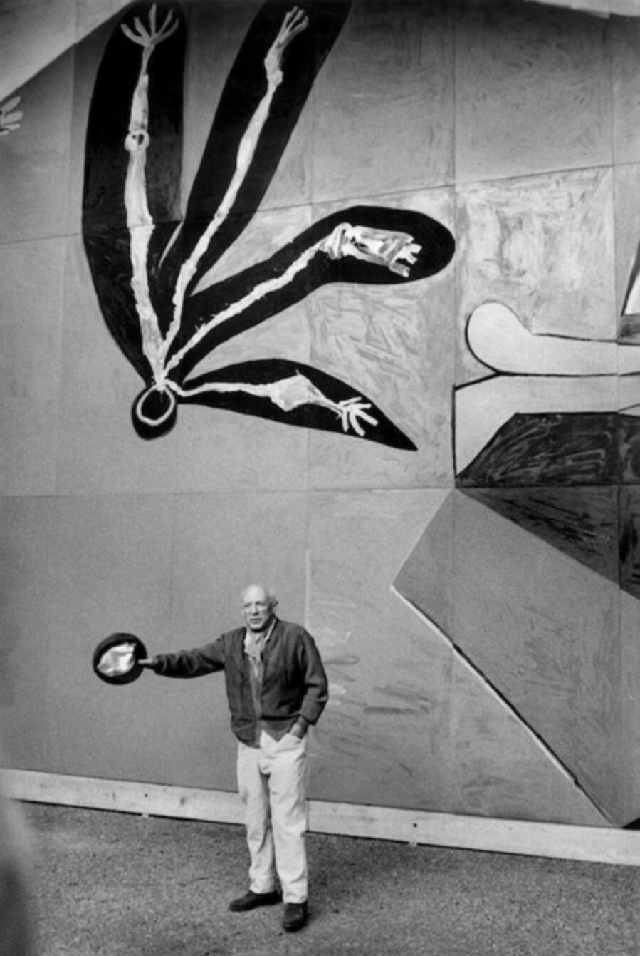 Pablo Picasso at the inauguration of his mural for the Paris UNESCO building