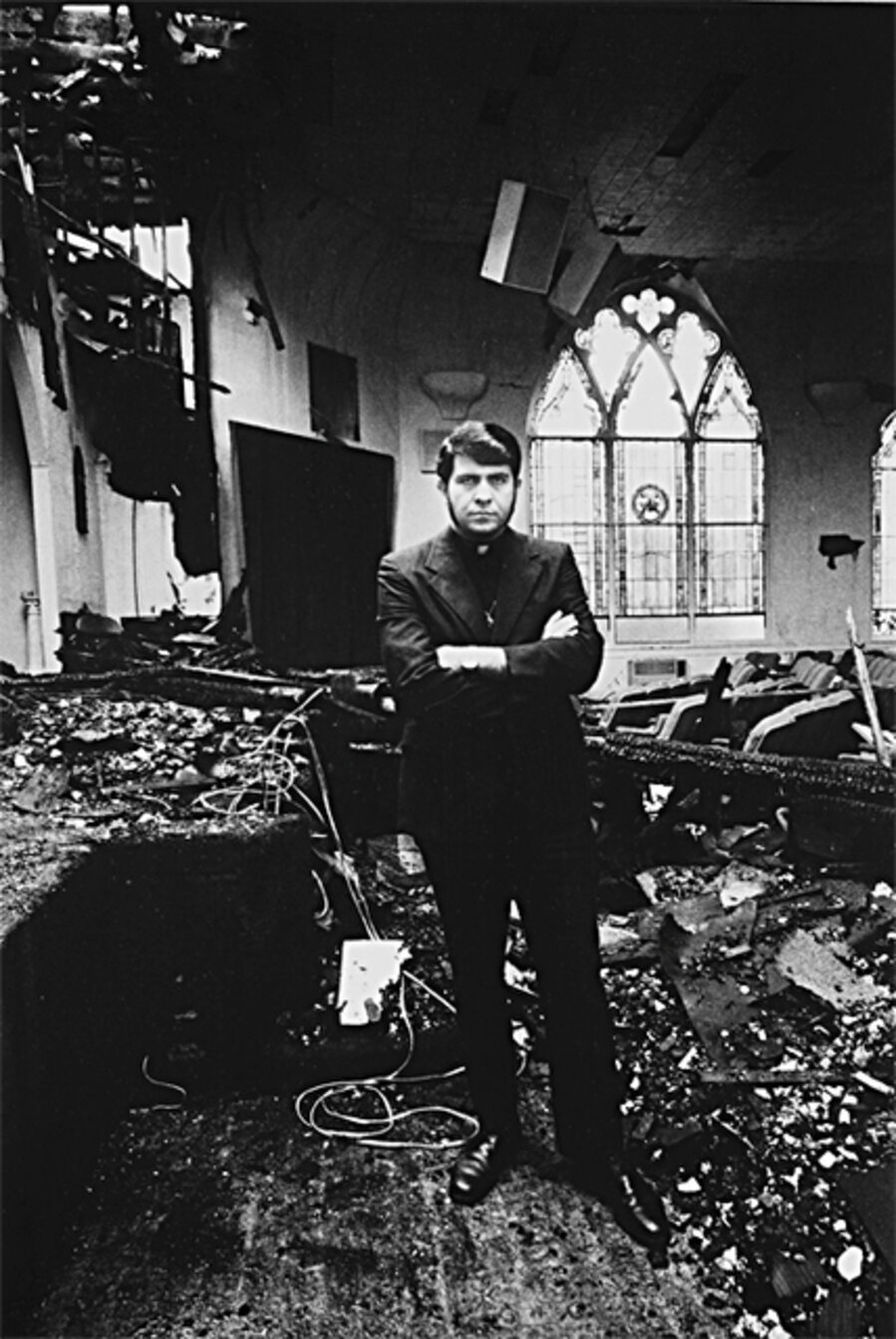 The Reverend Troy Perry, in his burnt down church L.A.