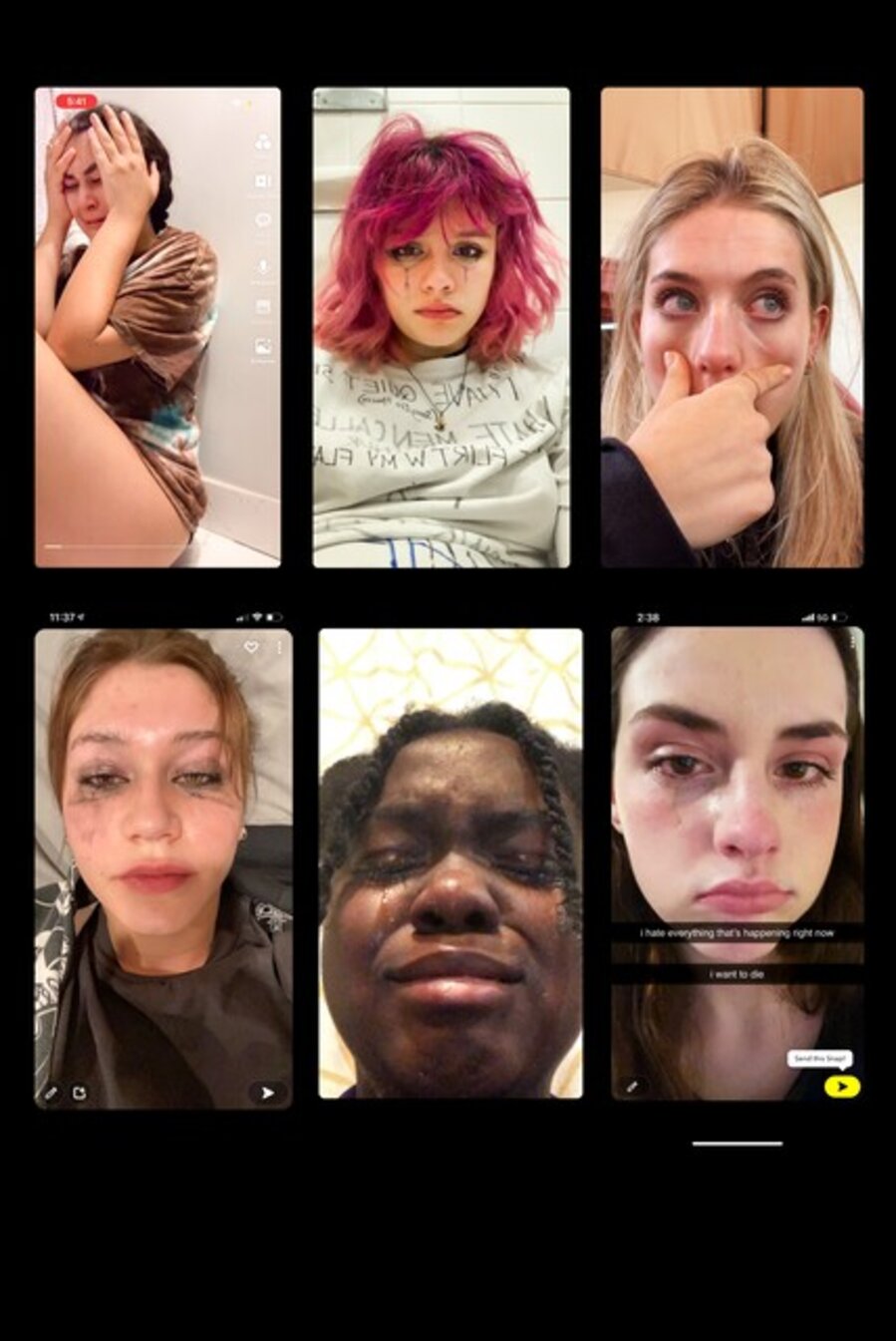 Crying Selfies - Selfies of participants in the Social Studies series, Holly, Ella, Cooper, Stella, Jordan and Maren. Photographing oneself crying is a popular social media trope for teenagers