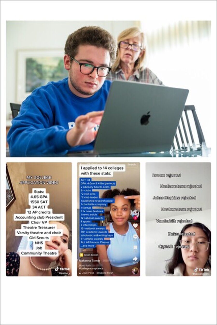 College Applications - Jonathan, 17, reads a college rejection email with his mom. Despite straight A's and impressive extracurriculars, he was rejected by all 18 colleges he applied to. He eventually was accepted to UC Santa Barbara off the waitlist. On social media, seniors share their achievements and disappointments, prompting endless comparison