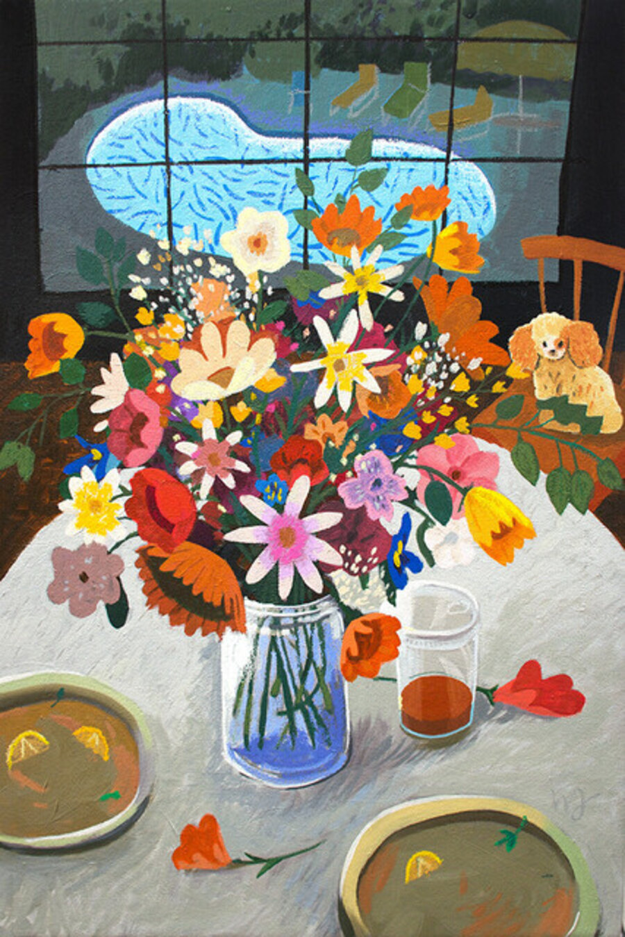 Floral Still Life with Dog and Hockney Pool