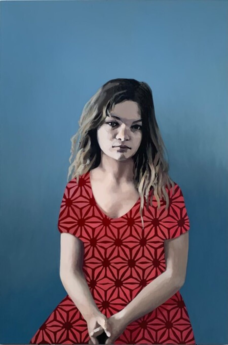 Red dress against blue, hands clasped