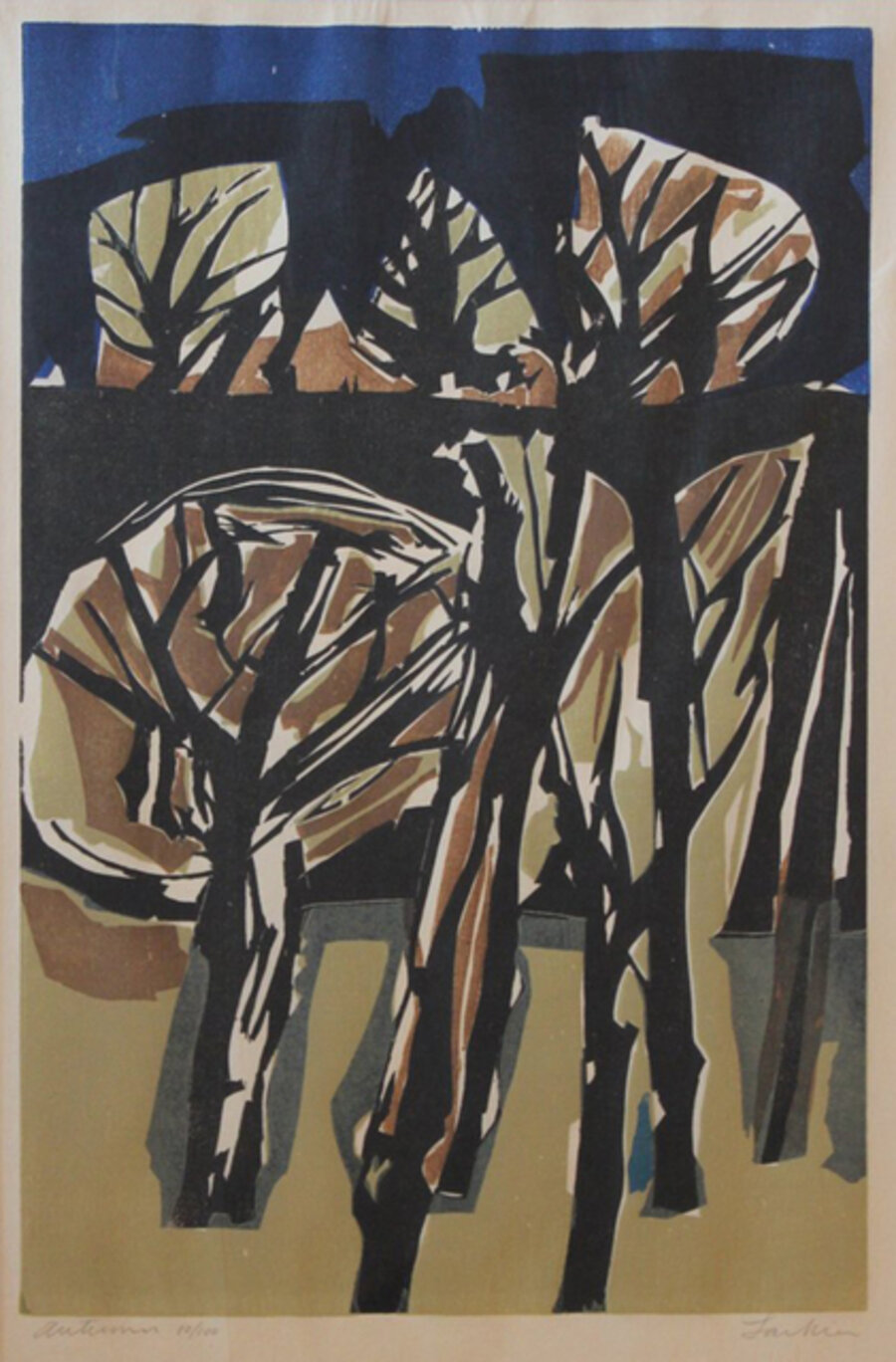 "Autumn" Blue-Toned Asbtract Cubist Style Woodblock Print