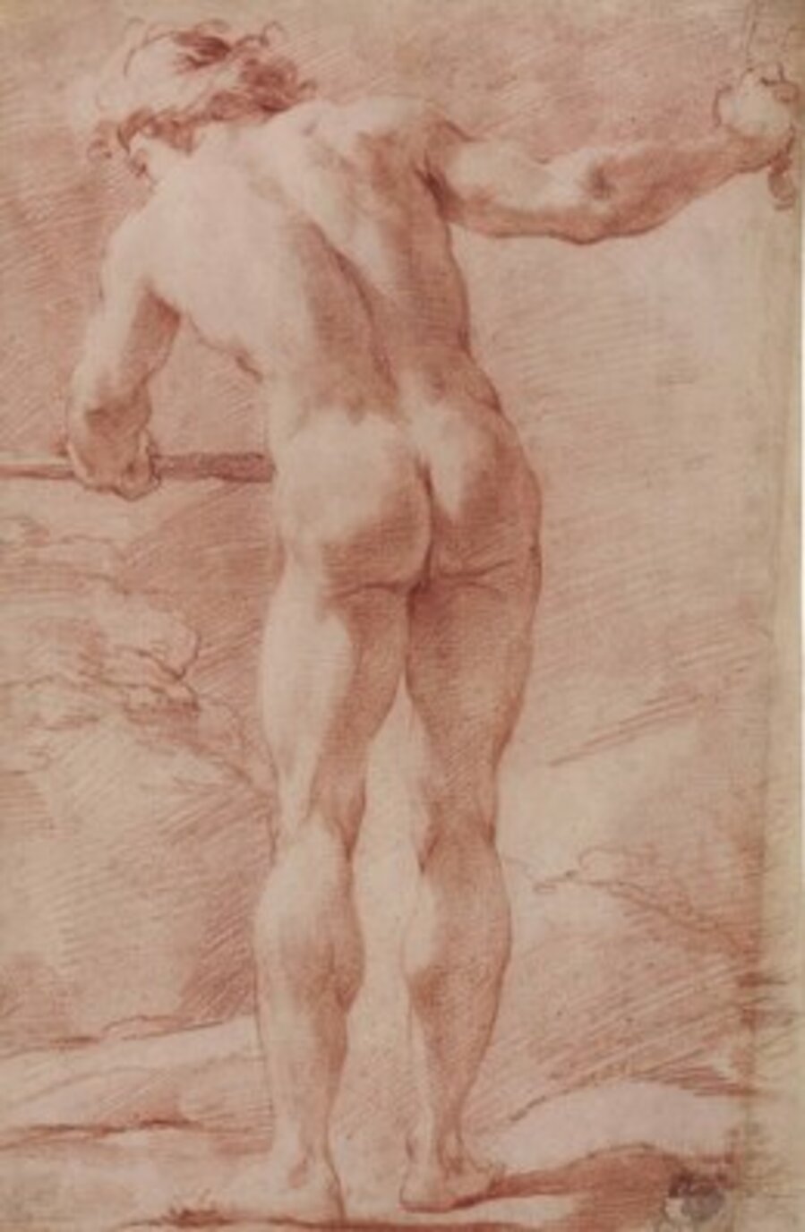 A standing male nude seen from behind, his right arm outstretched