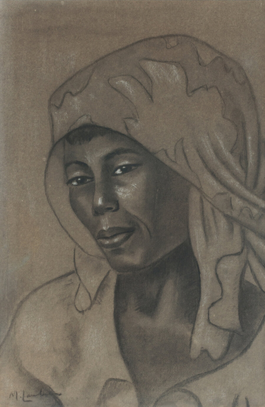 Portrait of a woman with a patterned head scarf