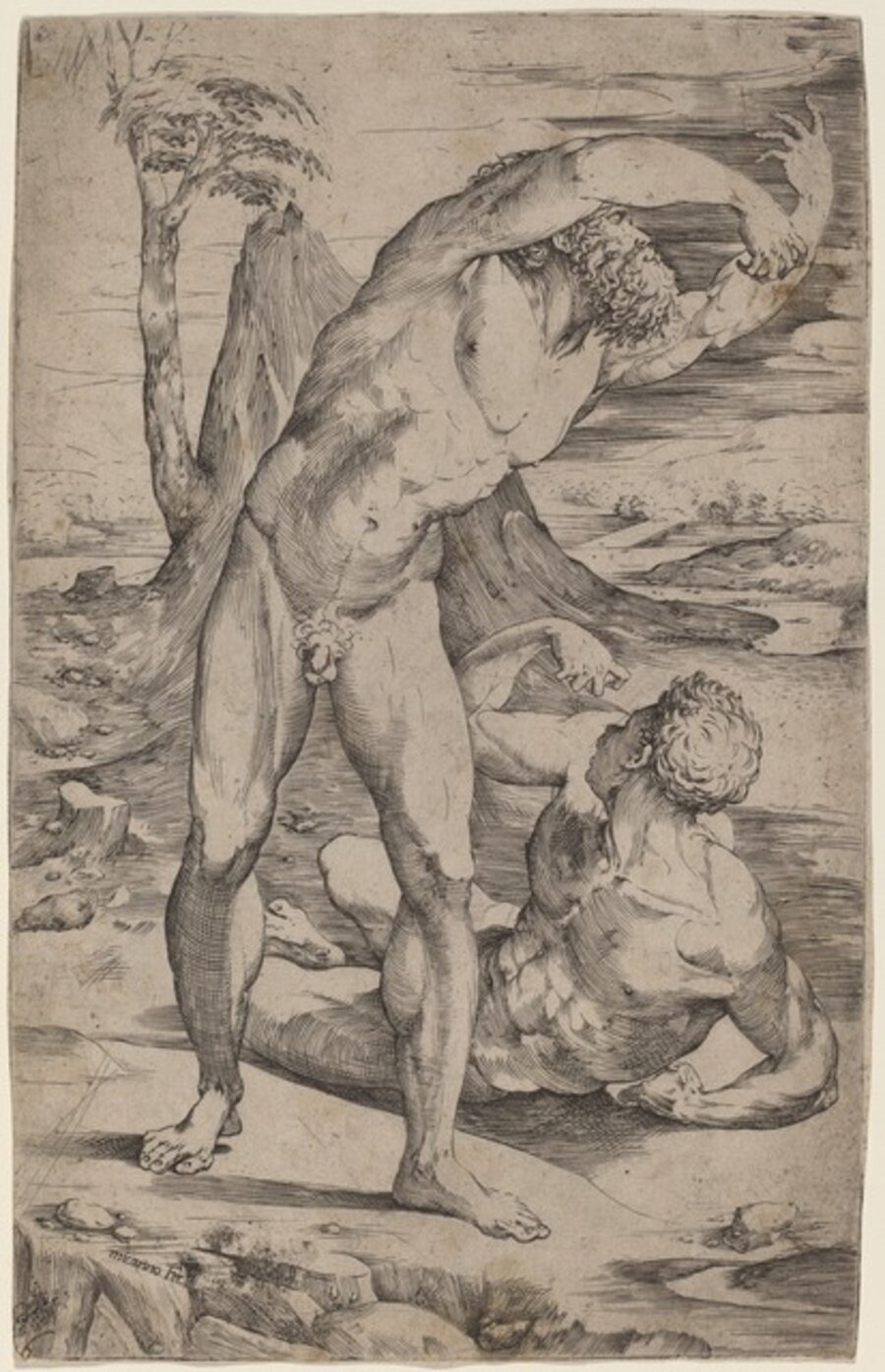 Two Male Nudes Gesturing in a Landscape