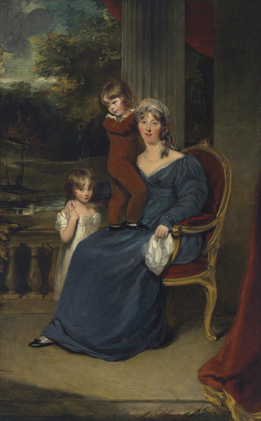 Portrait of Lady Louisa Harvey, full-length, and her children Edward and Louisa, on a balcony