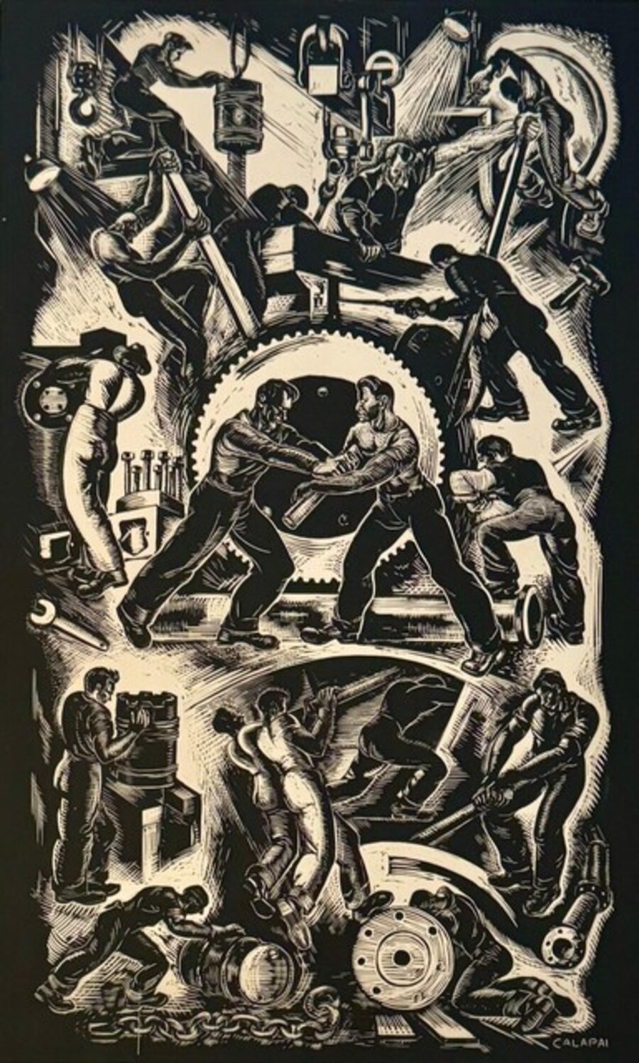 "Labor in a Diesel Plant" Machine Age American Scene Industrial Mid 20th Century