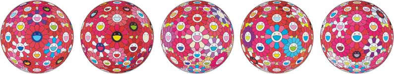 Takashi Murakami, ‘Flower Ball (3D)-Turn Red!; Hey! You! Do You Feel What I Feel?; Flower Ball (3D) - Blue, Red; Letter to Picasso; Groping for the Truth’, 2013-2014, Print, Five offset lithographs in colors, on smooth wove paper, the full sheets, Phillips