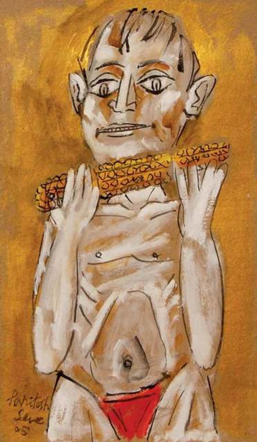 Boy Eating Corn, Acrylic on Board, Yellow, Orange, Red, Black Colours by Modern Artist "In Stock"
