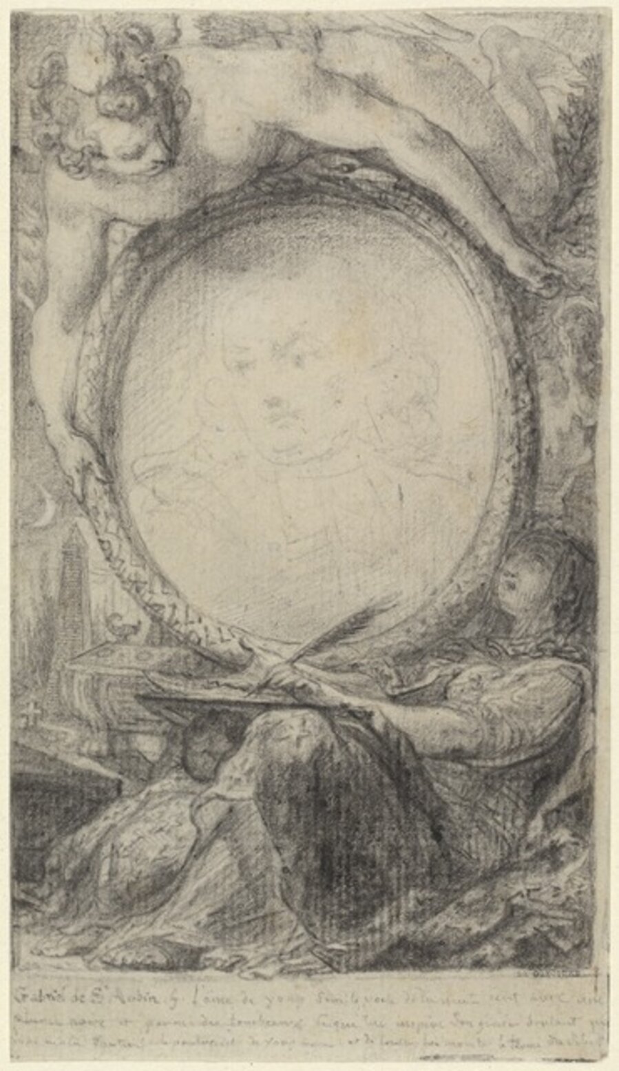 Allegorical Frame with a Genius and a Veiled Woman Writing