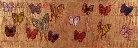 Hunt Slonem, ‘Untitled (multi-colored butterflies on gold background)’, 2020