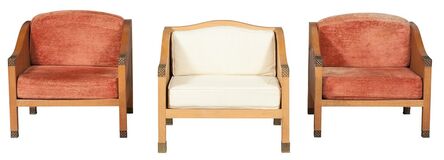 Louis Cane, ‘Set of Three Louis Cane Upholstered Oak and Patinated-Bronze Fauteuil Caillebotis’