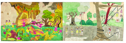 Henry Darger, ‘Again running from forest flame (left), At Jennie Turner Vivian Girls being captured - Hanging scene (right)’, 1910-1970