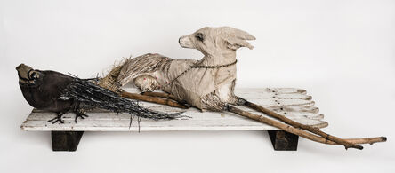 Elizabeth Jordan, ‘Canine and crow sculpture on fence: 'Philosophy Of The World'’, 2019