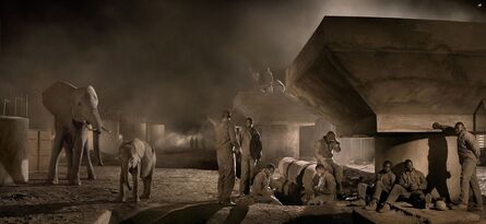 Nick Brandt, ‘Bridge Construction with Elephants & Workers at Night ’, 2018