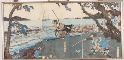 Utagawa Yoshitora, ‘Miyamoto musashi fighting with Sasaki Ganryū on the island of Ganryū in Kyūshū (Kyūshū Ganryūjima ni oite Miyamoto Musashi Sasaki Ganryū shiai zu 九州岸柳島において宮本無三四佐々木岸柳仕合図)’, 1843-1847