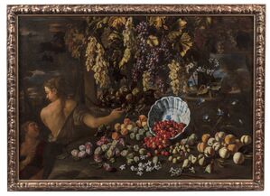 Fruit, Flowers, a Ceramic Dish and a Vase on a Stone Ledge  Beneath a Grape Arbor, with Two Women Gathering the Bounty