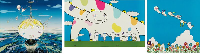 Takashi Murakami, ‘Mamu Came from the Sky; Yoshiko and the Creatures came from Planet 66; and Planet 66 Summer Vacation’, 2003 and 2004, Print, Three offset lithographs in colors, on wove paper, the full sheets., Phillips