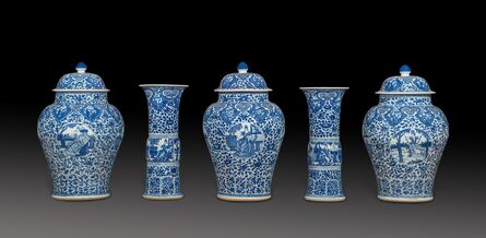 Unknown Artist, ‘Blue and white Chinese porcelain five piece garniture decorated with European subject in underglaze blue’, 1662-1722