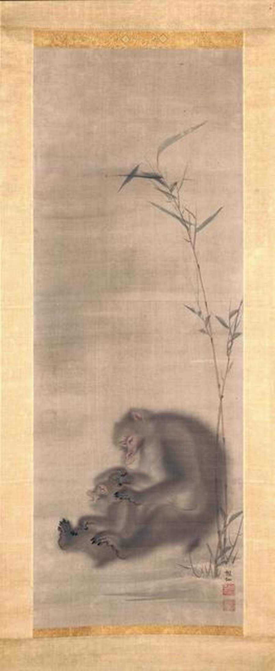 Monkey Grooming offspring Near Bamboo