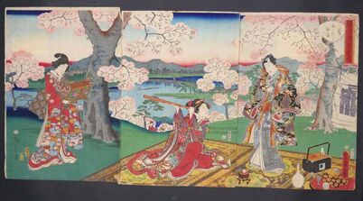 Utagawa Toyokuni II, ‘Tryptique under the Cherry Trees in Blossom’, 19th Century