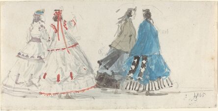 Eugène Boudin, ‘Four Ladies in Crinolines Walking at Trouville’, 1865