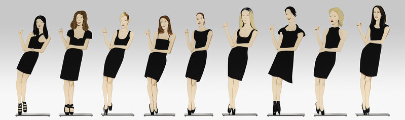 Alex Katz, ‘The Black Dress Cutouts’, 2018, Sculpture, Complete Set of 9 cutouts. Cutouts from shaped powder-coated aluminum, printed the same on each side with UV cured archival inks, clear coated, and mounted to 1/4 inch stainless steel base. height sizes range from 22 to 25 inches. Signed., Meyerovich Gallery