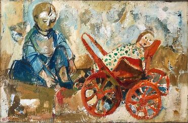 Ruth Schloss, ‘Israeli Oil Painting Ruth Schloss Child, Doll, Wagon, Kibbutz Social Realist Art’, Mid-20th Century
