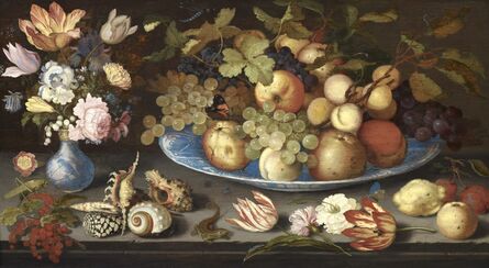 Balthasar van der Ast, ‘Fruit still life in a Wan Li bowl with a bouquet of tulips and shells’, 1620-1629