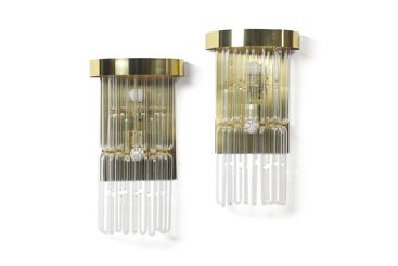 Zeroquattro, ‘A pair of appliques with a brass and metal structure and glass diffusers’, 1970 ca.