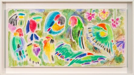 Paul Fournier, ‘Bird Garden with Lovebirds - small, bright, bold, abstract watercolour on canvas’, 2004
