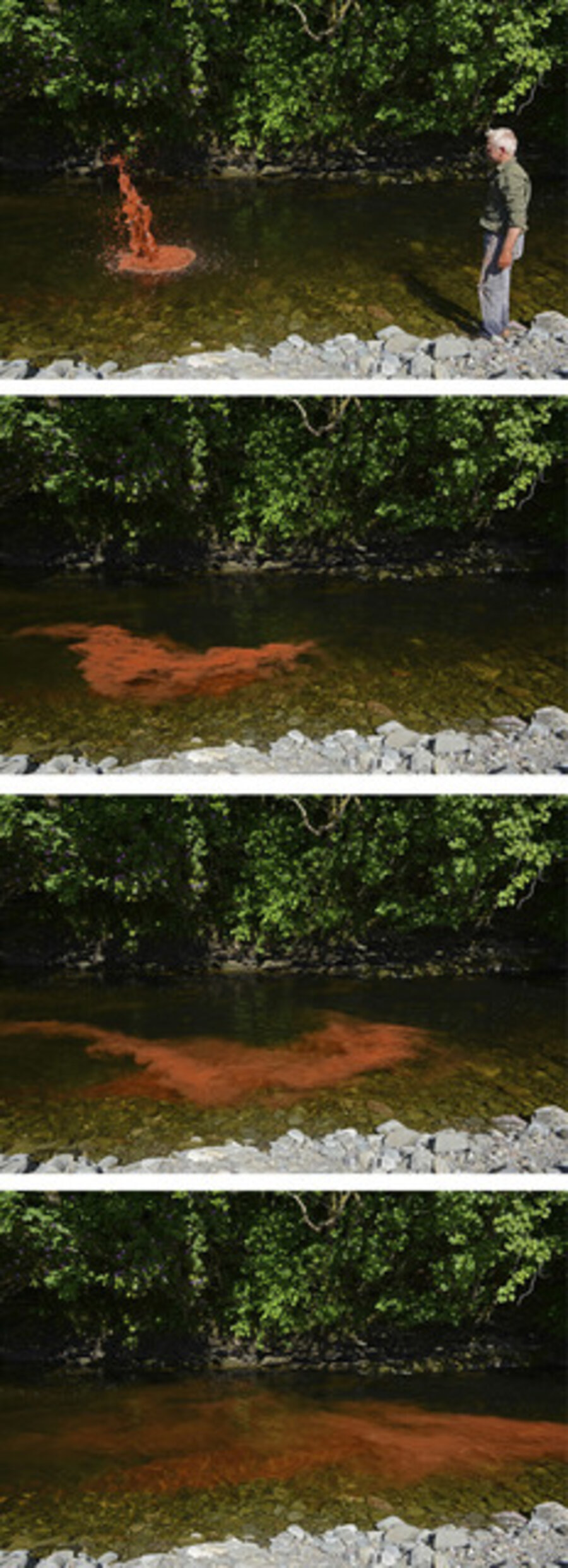 Crushed red river stone. Thrown into Scaur Water. Dumfriesshire, Scotland. 2 June 2016