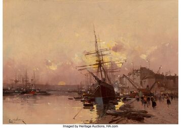 Eugène Galien-Laloue, ‘Port Breton au crépuscule’