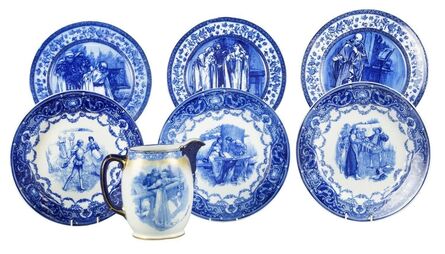 Doulton, ‘a group of Shakespeare themed blue and white ceramics’, Late 19th/Early 20th Century