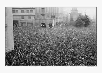 Andrei Pandele, ‘1989 Dec.22 - Flag with cut hole perched on lantern, crowd in Revolution Place’, 1989