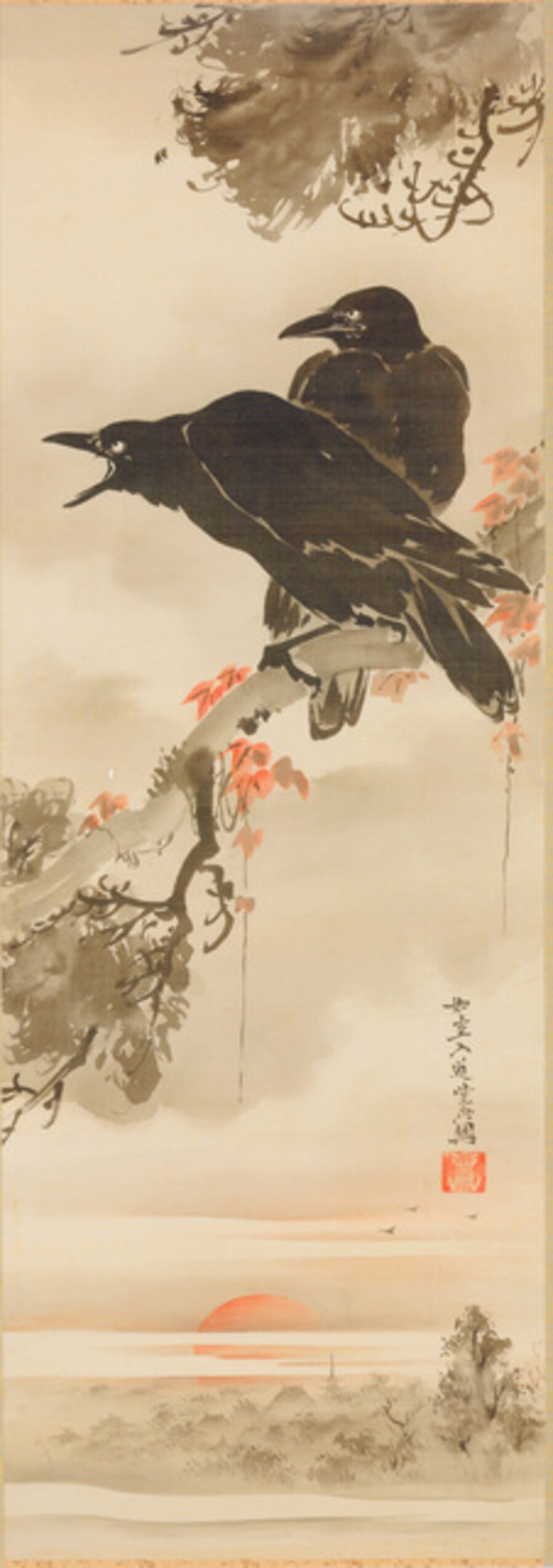 Two Crows on a Branch Overlooking Asakusa at Dawn