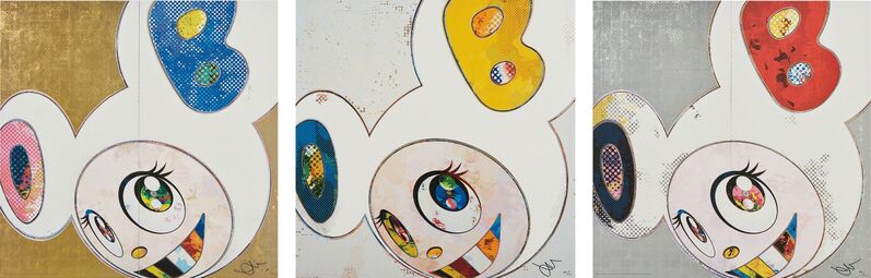 Takashi Murakami, ‘And then x 6 (White: The Superflat Method. Blue and Yellow Ears); DOB in Pure White Robe (Navy & Vermillion); and DOB in Pure White Robe (Pink & Blue)’, 2013, Print, Three offset lithographs in colors, on smooth wove paper, the full sheets, Phillips