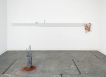 Barb Smith, ‘Three units expanding places, bronze wedge, spine stack, chunk glass, a red state.’, 2016