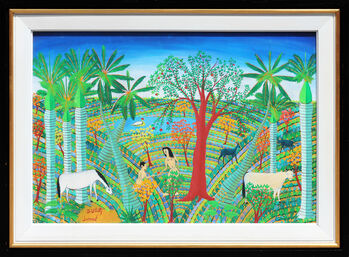 Dieudonne Vital, ‘Adam and Eve in the Garden of Eden Reimagined in Jacmel, Haiti Folk Art Painting’, 1980s