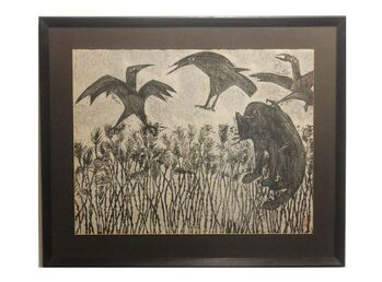 (In The Style Of) Kunihiro Amano, ‘Woodblock Print with a Cat and Birds in a Field’, 20th Century