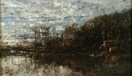 William Louis Sonntag, ‘Landscape with Lake, Canoe, and Cottage’