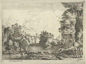 Jean Galioth Nardois, ‘Landscape with a river crossed by a foot-bridge, with cows and herders’, 1648