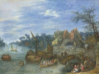 Josef van Bredael, ‘A river landscape with boats by a village’