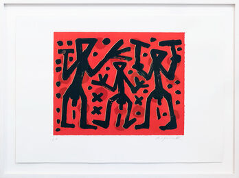 A.R. Penck, ‘Drei Kämpfer auf leuchtend rot’, 1993