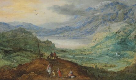Joos de Momper II and Jan Breughel II, ‘An extensive mountainous landscape with figures on a path, a river valley beyond’