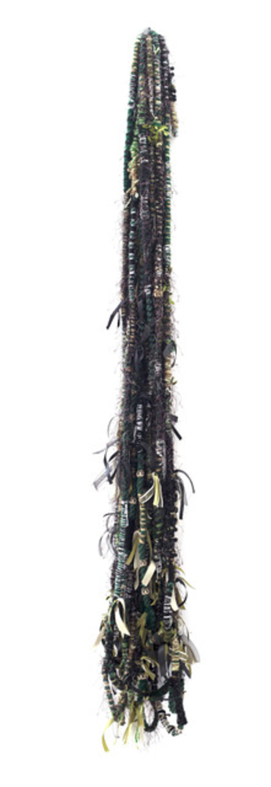 Fiber wall hanging: 'Politics of Hair Camo Green'