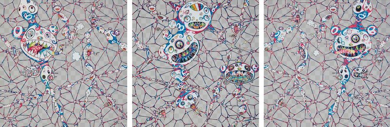Takashi Murakami, ‘We are Destined to Meet Someday! But for Now, We Wander in Different Dimensions; Chaos: Primordial Life; DOB: Myxomycete’, 2016-17, Print, Three offset lithographs in colors, on wove papers, the full sheets., Phillips