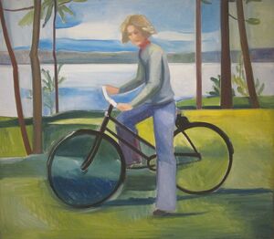 Maine, Girl in Jeans on Bicycle